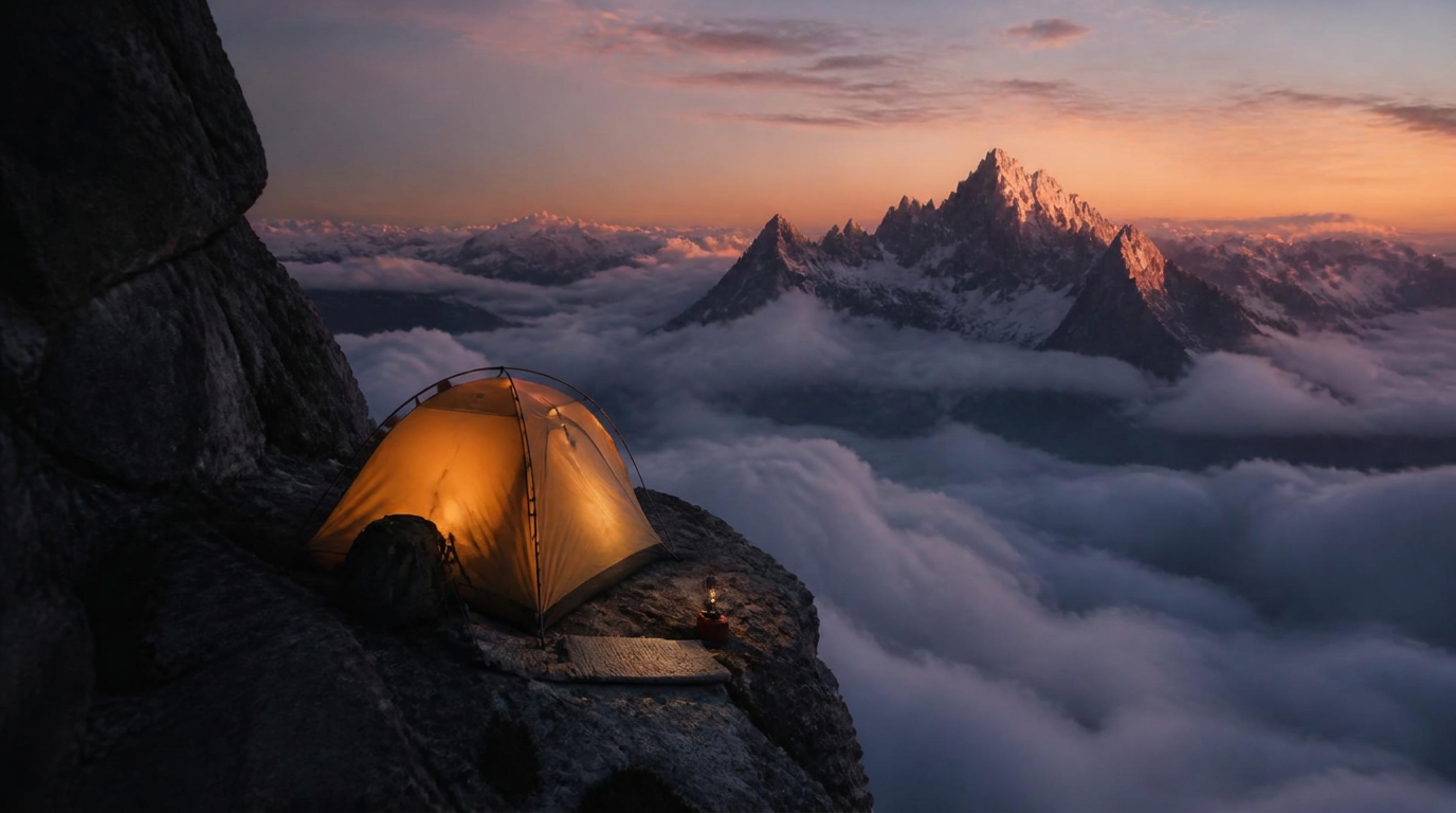 An illuminated tent on a rocky alpine ledge above a sea of clouds at sunrise