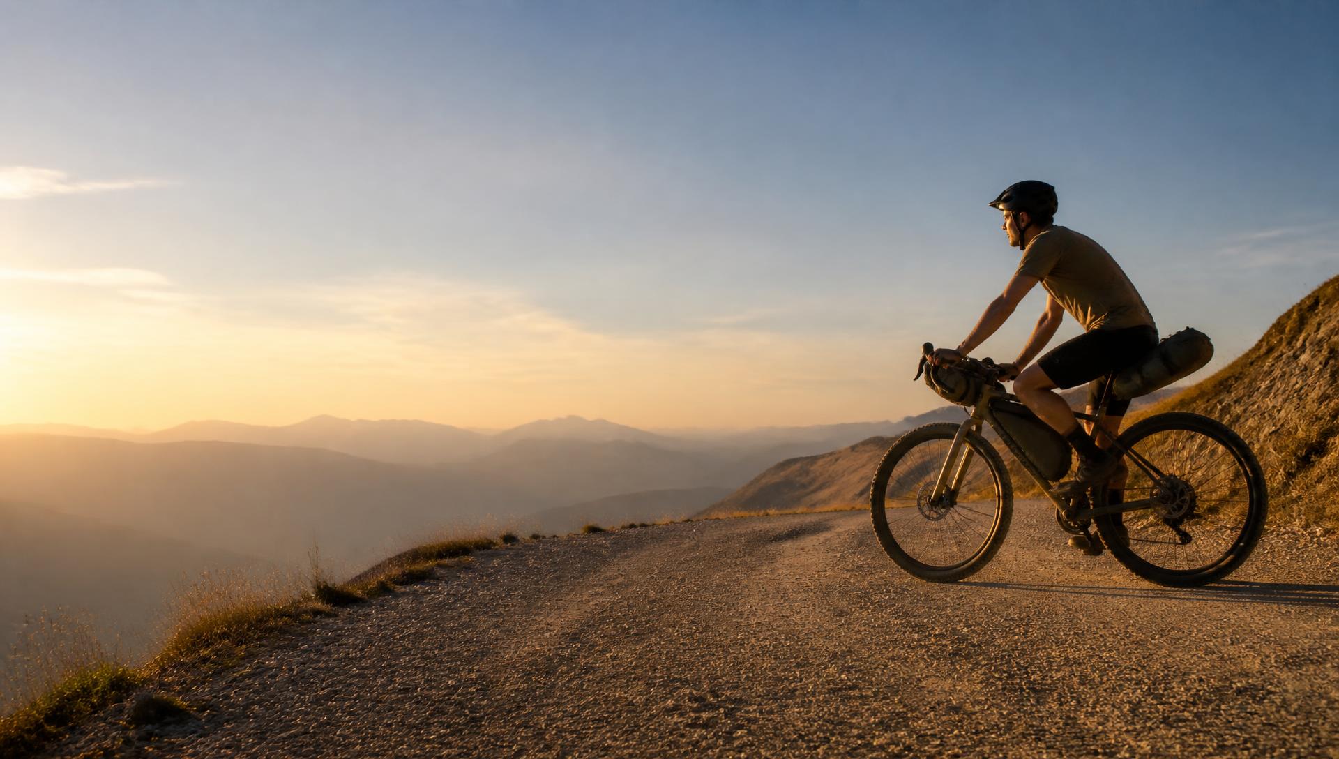 A bikepacker riding a loaded gravel bike along a mountain road at golden hour
