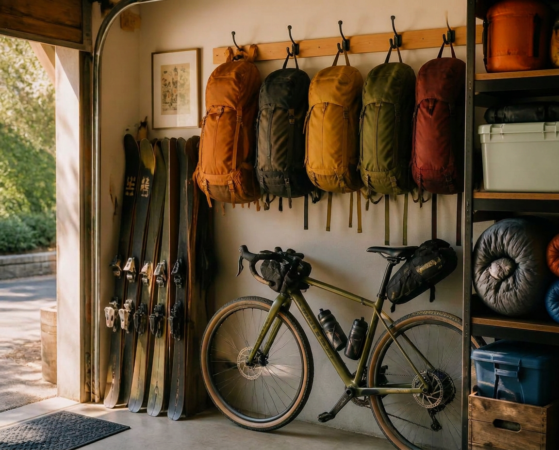Backpacks, skis, a bicycle, sleeping bags and a cooler full of outdoor gear stored in a garage